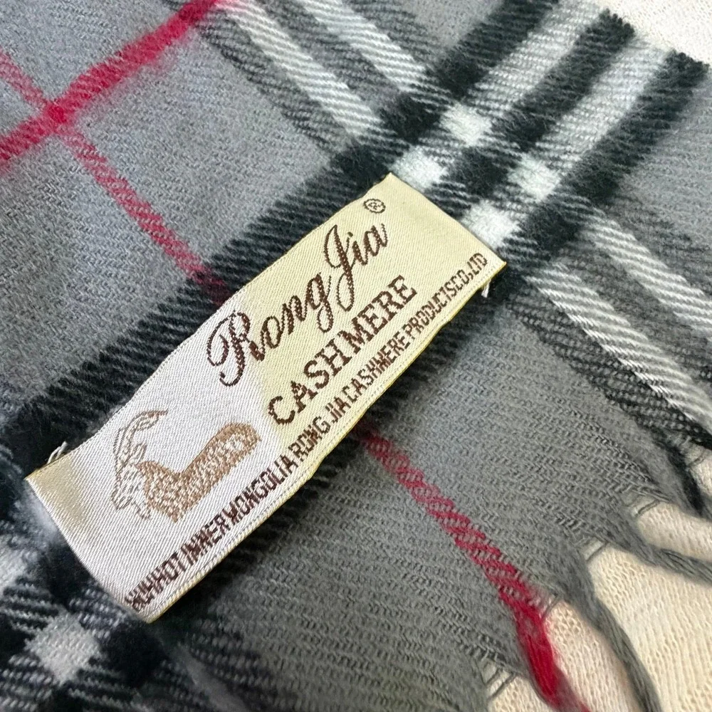 Rong Jia 100% Cashmere Scarf Gray Plaid Fringe Soft‎ Luxury Unisex